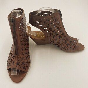 Franco Sarto Brown Laser Cut Leather Open Toe Wedge Booties Womens Size 6.5M